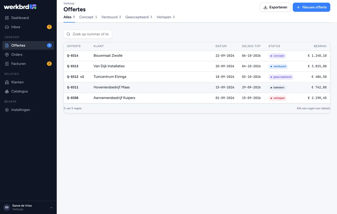 Offerteoverzicht in werkbrd met filters en statussen