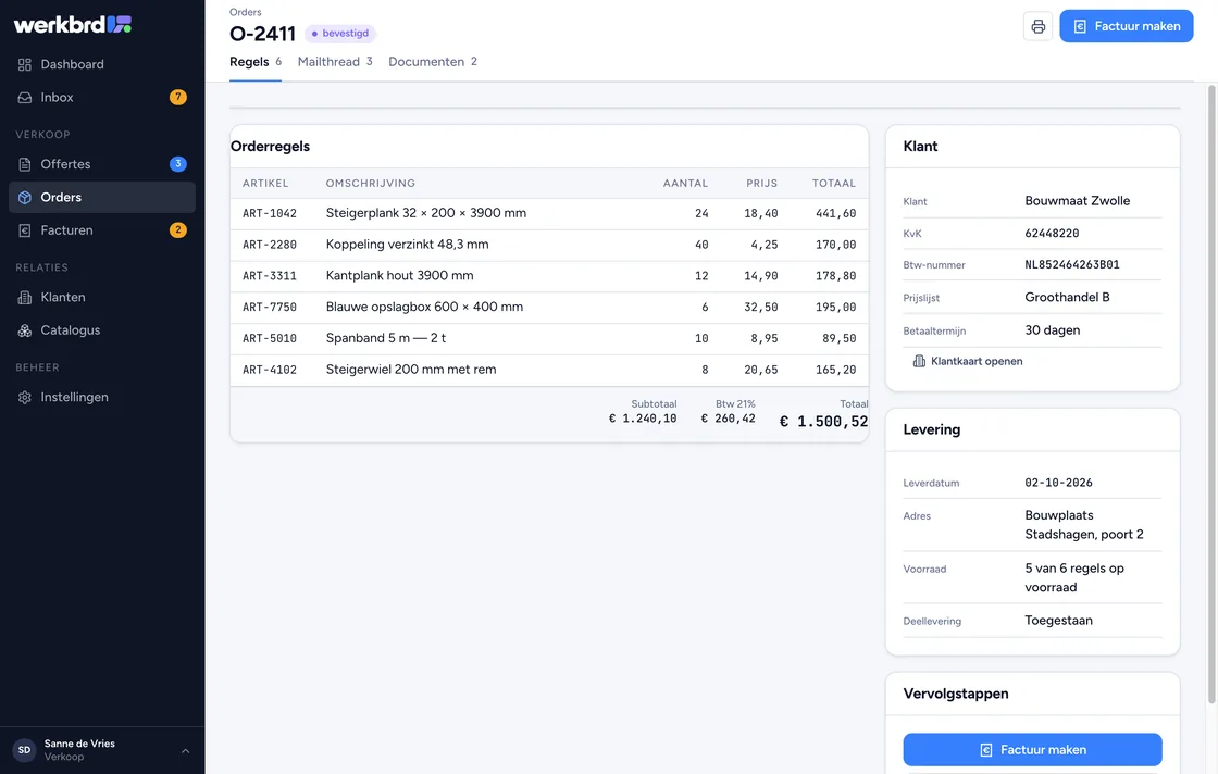 Orderdetail in werkbrd met statusflow, orderregels en klantgegevens